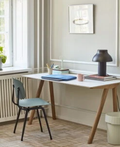 HAY PC Table Lamp, S, Soft Black 13 HAY PC Table Lamp, S, Soft Black -Finnishdesignshop CPH 90 off white lino oak base Revolt petrol green seat and back black steel base Hue Lab Top Cover blue