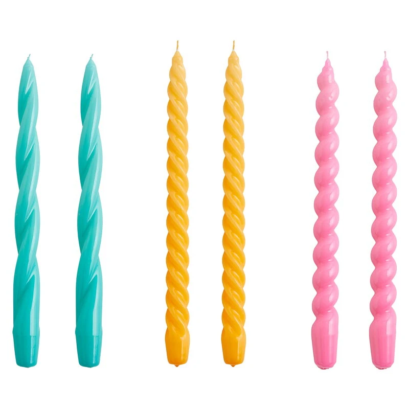HAY Long Twist Candles, Set Of 6, Green Aqua - Warm Yellow - D.pink 3 HAY Long Twist Candles, Set Of 6, Green Aqua - Warm Yellow - D.pink