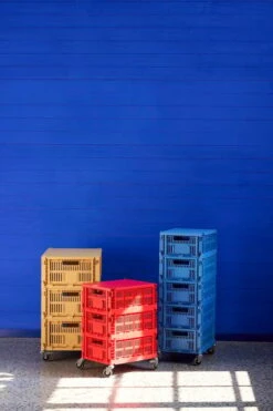 HAY Colour Crate Lid, L, Golden Yellow -Finnishdesignshop HAY Colour Crate Wheels HAY Colour crate M red and electric blue HAY Colour crate Lid M red and electric blue HAY Colour crate L golden yellow HAY Colour crate Lid L golden yellow 2