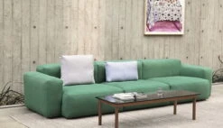 HAY Kofi Table 140 X 50 Cm, Lacquered Walnut - Grey Glass -Finnishdesignshop Mags Soft Low 3 Seater Comb 1 Vidar 943 Moire Kelim grey Kofi 140x50 grey tinted glass tabletop wb lacquer walnut frame